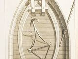 an old drawing of a boat with a rope hanging from it ' s side