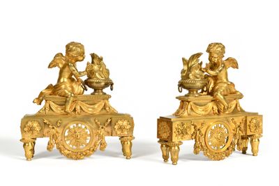 PAIRE DE CHENETS AUX AMOURS SE RECHAUFFANT OU ALLEGORIE DE L'HIVER - Photo 1