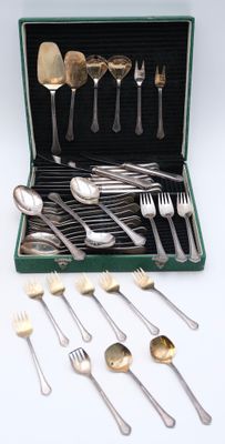 silverware in a green case with spoons and forks in it