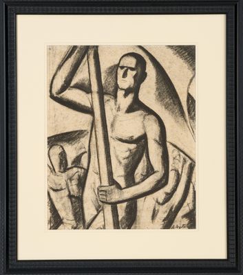une image représentant un dessin en noir et blanc d'un homme tenant une perche