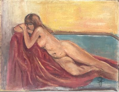 une peinture à l'huile représentant une femme allongée sur un canapé, recouverte d'une couverture rouge