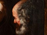 an old painting of a man and a woman looking at each other