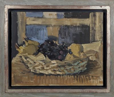 tableau représentant une corbeille de raisins et de poires posée sur une table