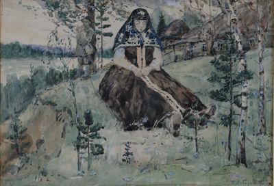 un tableau représentant une femme assise sur un rocher dans les bois