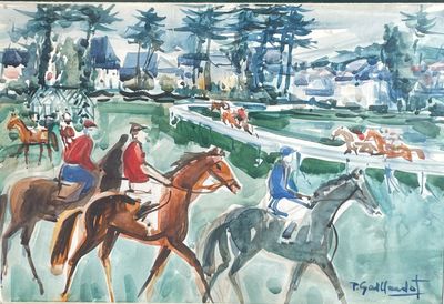 un tableau représentant un groupe de personnes à cheval sur une piste