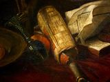 a painting of a still life with a book and a rolling pin