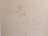 drawing of a woman on a horse and a cat in a room