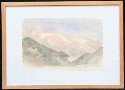 watercolor painting of a mountain scene with a sky and clouds