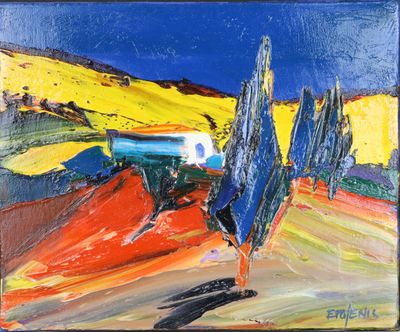 une peinture à l'huile représentant un paysage avec des arbres et un ciel bleu