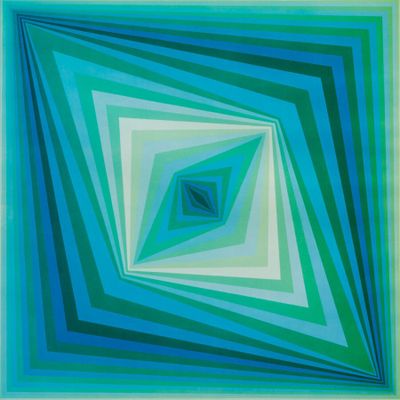un tableau représentant un carré bleu et vert dont le centre est vert