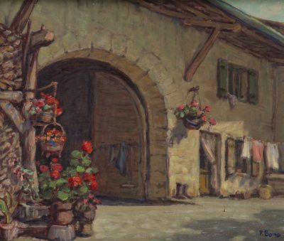a painting of a building with a bunch of flowers in front of it