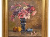 painting of flowers in a blue vase with a pumpkin on a table