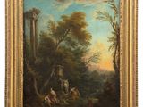 a painting of a wooded landscape with figures and animals in the foreground