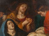 an image of a painting of jesus laying on the cross with other people