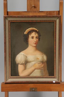 portrait of a woman in a white dress with a hat on a wooden easel