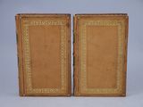pair of antique leather book cases with gold trimming
