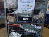 a cart with many items in it in a warehouse