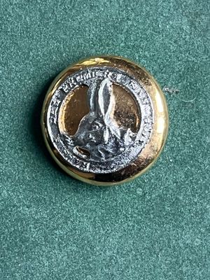 un bouton doré orné d'un lapin, sur un fond vert