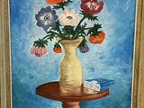 a painting of flowers in a vase on a table