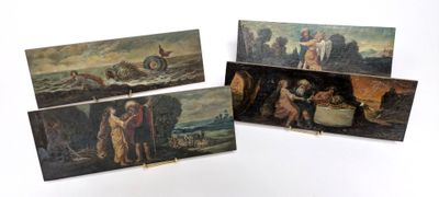 three paintings of a man and a woman in a landscape