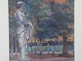 a painting of a statue in a park with trees in the background