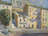 an oil painting of a church and a river in front of a building