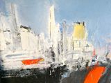 abstract painting of a cityscape with a red umbrella in the foreground