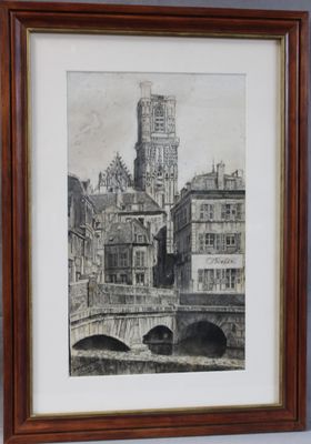 painting of a view of a city with a bridge and a clock tower