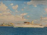 peinture représentant un grand navire blanc sur l'eau, avec le ciel en arrière-plan