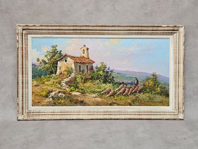 une peinture à l'huile représentant une petite maison sur une colline, avec un homme à cheval