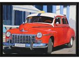 tableau représentant une vieille voiture rouge surmontée d'un panneau « taxi »