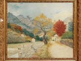 une image représentant un tableau d'une route de campagne avec un arbre au premier plan