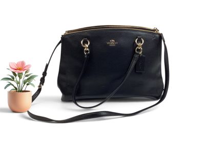 un sac à main noir représentant une fleur dans un pot sur fond blanc