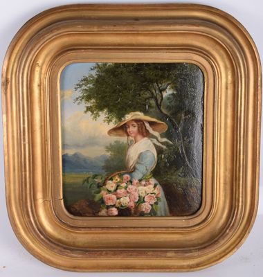 tableau représentant une femme coiffée d'un chapeau de paille et tenant un panier de fleurs