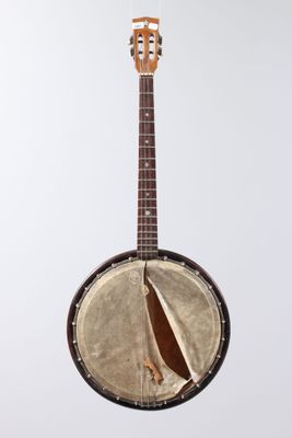 a close up of a banjo on a white background with a white background