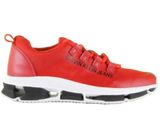 a close up of a pair of red sneakers on a white background