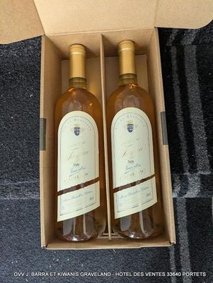deux bouteilles de vin dans un carton posé par terre