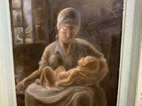 an oil painting of a woman holding a baby in her arms