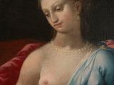 an image of a painting of a woman in a blue dress sitting on a red chair