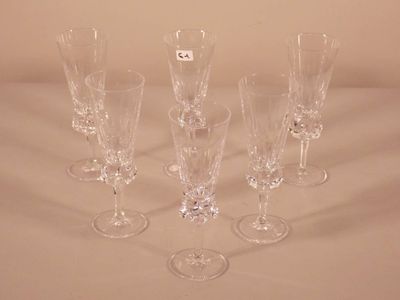several empty wine glasses are lined up on a table
