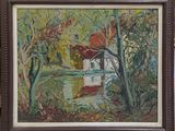une image d'une peinture représentant une maison dans un bois