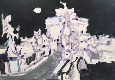a painting of people walking on a bridge at night