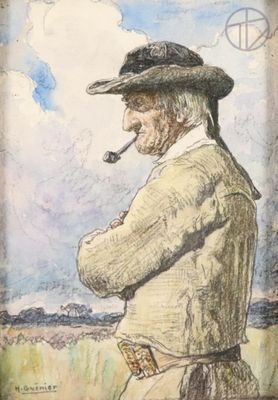 painting of a man smoking a pipe in a field with a peace sign in the background