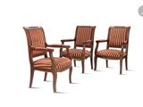 four wooden chairs with striped upholstered arms and arms