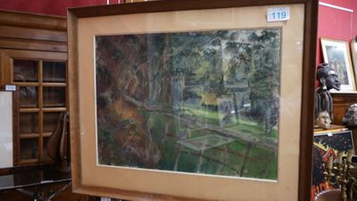 René Levrel (1900-1981) "Paysage à la barrière en foret" cra…