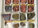 de nombreuses roches différentes dans une boîte, accompagnées d'étiquettes
