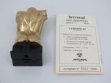 an image of a gold statue next to a card on a white surface