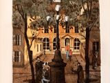 a drawing of a street light in front of a building