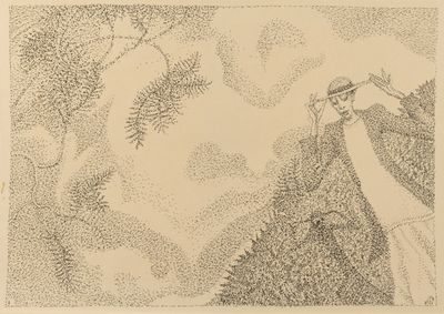 un dessin représentant une femme debout sur une colline, un oiseau dans la main