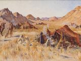 painting of a desert scene with camels and people in the foreground